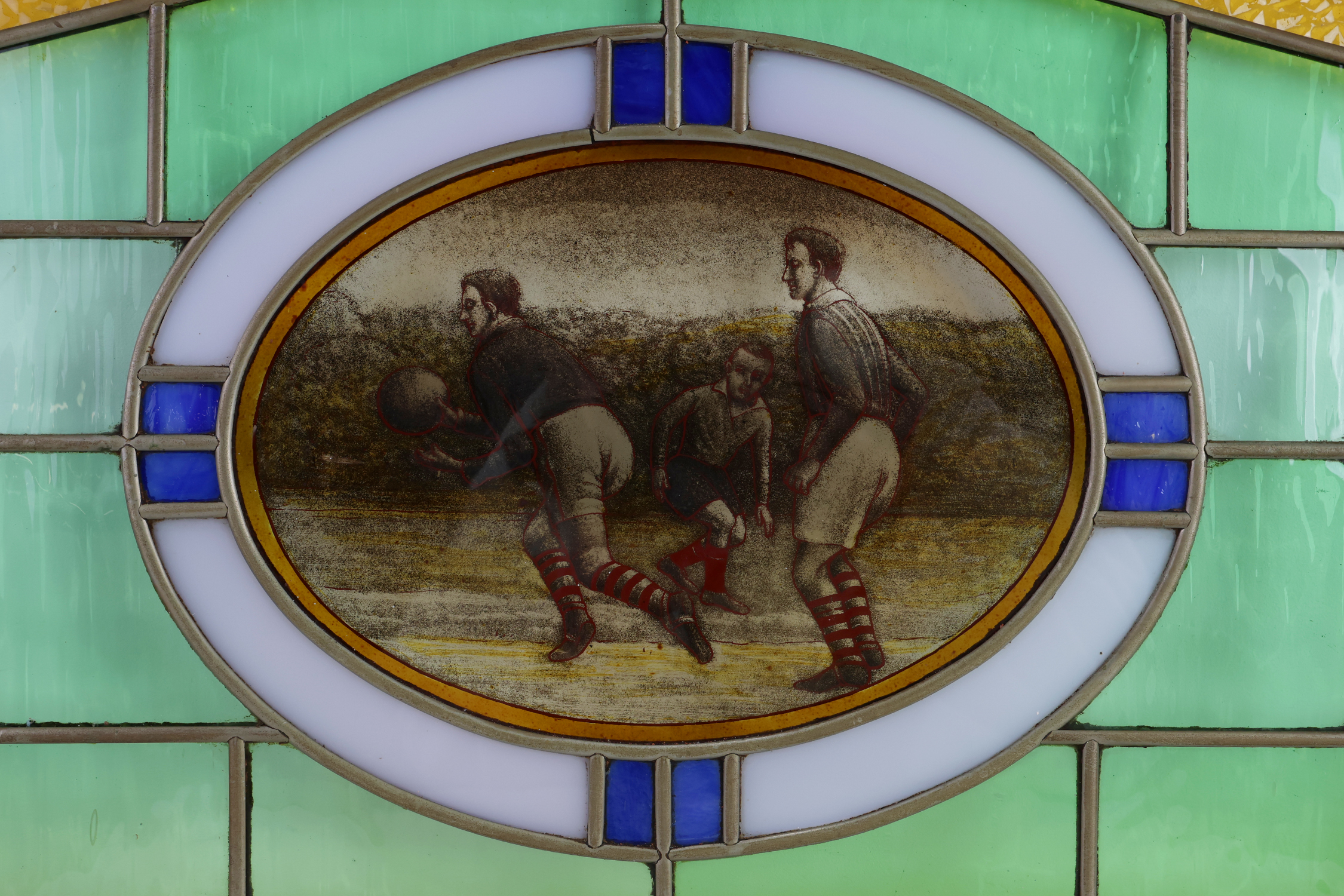 Art Deco Stained Glass Panel Depicting Early Football Scene, Belgium ca. 1910thumbnail